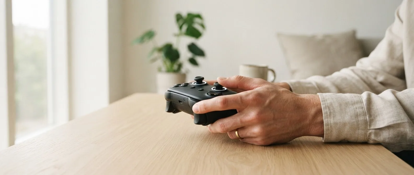 A player holding a controller during an action-focused game