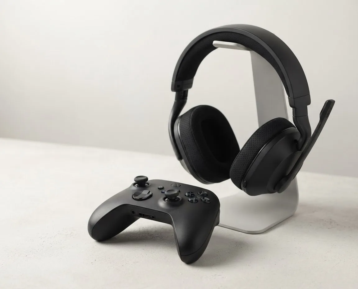 Gaming accessories arranged on a desk