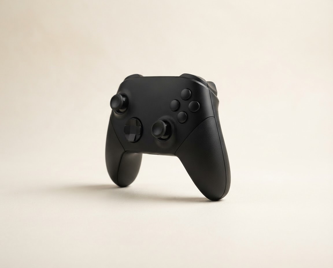 Gaming accessories arranged in a relaxed home studio